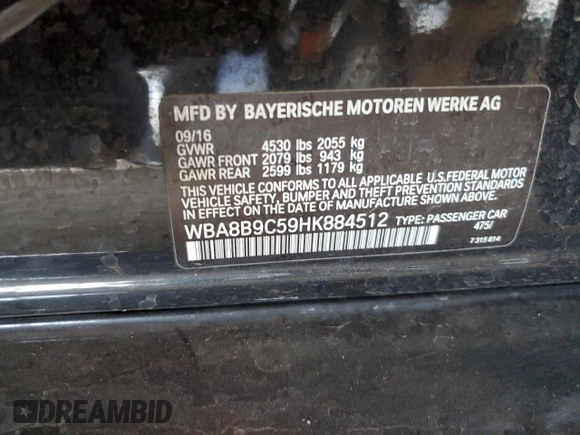 2017 BMW 3 Series 330i with VIN WBA8B9C59HK884512, listed as a Copart auction lot 46275835 with 97,787 mi miles and Salvage Title. Bid and sale history available at carsss.com. Image 15.