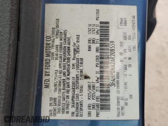 2010 Ford Fusion SE z VIN 3FAHP0HA2AR208559, wystawiony jako Copart lot #64288565 z przebiegiem 186 231 mil mil oraz Czysty tytuł • Clean title. Historia ofert i sprzedaży dostępna na DreamBid. Obrazek 12.