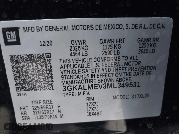 2021 GMC Terrain SLE with VIN 3GKALMEV3ML349531, listed as a IAAI auction lot 41225499 with 84,656 mi miles and . Bid and sale history available at DreamBid. Image 9.
