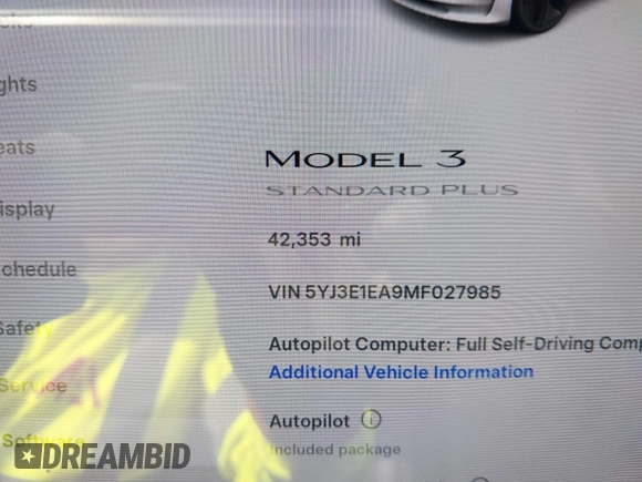 2021 Tesla Model 3 Standard Range Plus z VIN 5YJ3E1EA9MF027985, wystawiony jako IAAI lot #42045254 z przebiegiem 42 353 mil mil oraz . Historia ofert i sprzedaży dostępna na DreamBid. Obrazek 7.