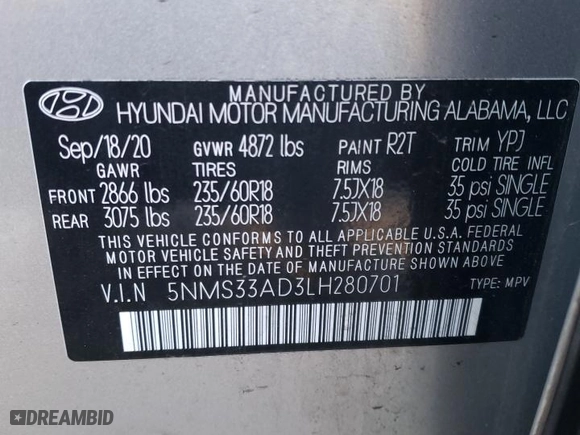 2020 Hyundai Santa Fe SEL with VIN 5NMS33AD3LH280701, listed as a Copart auction lot 43733545 with 63,086 mi miles and Salvage Title. Bid and sale history available at carsss.com. Image 15.