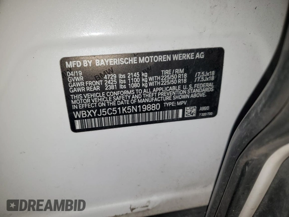 2019 BMW X2 xDrive28i with VIN WBXYJ5C51K5N19880, listed as a Copart auction lot 41991755 with 75,360 mi miles and Salvage Title. Bid and sale history available at carsss.com. Image 15.