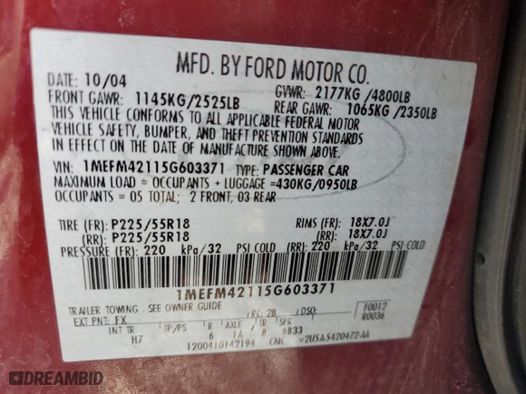 2005 Mercury Montego Premier with VIN 1MEFM42115G603371, listed as a Copart auction lot 48586595 with 142,098 mi miles and Salvage Title. Bid and sale history available at carsss.com. Image 14.