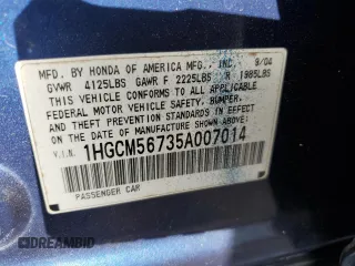 2005 Honda Accord EX with VIN 1HGCM56735A007014, listed as a Copart auction lot 54558455 with 237,511 mi miles and Salvage Title. Bid and sale history available at DreamBid. Image 12.