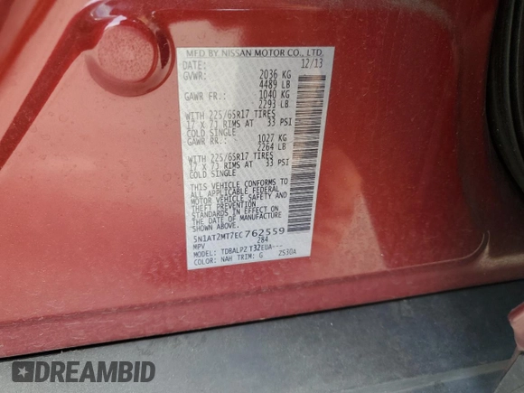 2014 Nissan Rogue SV with VIN 5N1AT2MT7EC762559, listed as a Copart auction lot 54693645 with 82,506 mi miles and Clean Title. Bid and sale history available at carsss.com. Image 12.