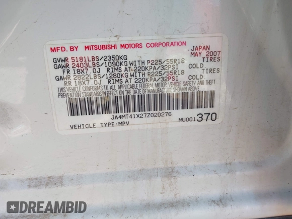 2007 Mitsubishi Outlander XLS z VIN JA4MT41X27Z020276, wystawiony jako IAAI lot #42348742 z przebiegiem 75 715 mil mil oraz . Historia ofert i sprzedaży dostępna na DreamBid. Obrazek 9.