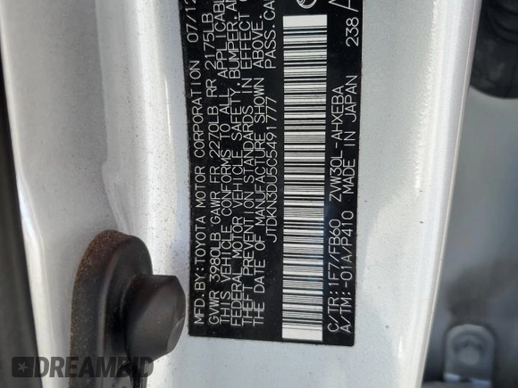 2012 Toyota Prius One z VIN JTDKN3DU5C5491777, wystawiony jako Copart lot #57801505 z przebiegiem 60 185 mil mil oraz Szkoda całkowita • Salvage title. Historia ofert i sprzedaży dostępna na DreamBid. Obrazek 12.