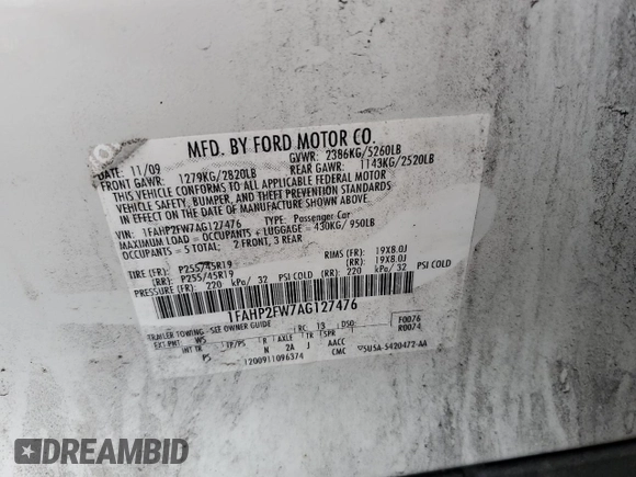 2010 Ford Taurus Limited with VIN 1FAHP2FW7AG127476, listed as a Copart auction lot 62399455 with 140,761 mi miles and Salvage title. Bid and sale history available at DreamBid. Image 12.