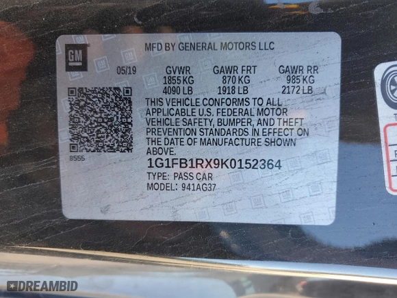 2019 Chevrolet Camaro 1LT with VIN 1G1FB1RX9K0152364, listed as a Copart auction lot 81344034 with 62,495 mi miles and Salvage Title. Bid and sale history available at carsss.com. Image 12.