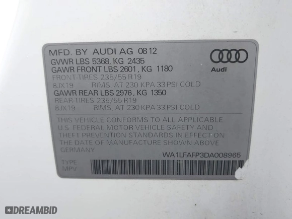 2013 Audi Q5 Premium Plus with VIN WA1LFAFP3DA008965, listed as a IAAI auction lot 41051980 with 95,802 mi miles. Bid and sale history available at carsss.com. Image 9.