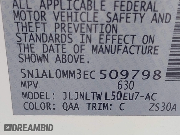 2014 Infiniti QX60 with VIN 5N1AL0MM3EC509798, listed as a IAAI auction lot 41887534 with 120,999 mi miles and . Bid and sale history available at DreamBid. Image 9.