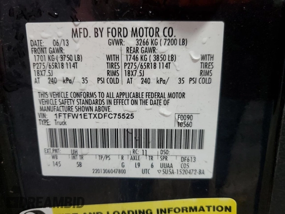 2013 Ford F-150 XL with VIN 1FTFW1ETXDFC75525, listed as a Copart auction lot 55118495 with 157,018 mi miles and Clean Title. Bid and sale history available at carsss.com. Image 12.