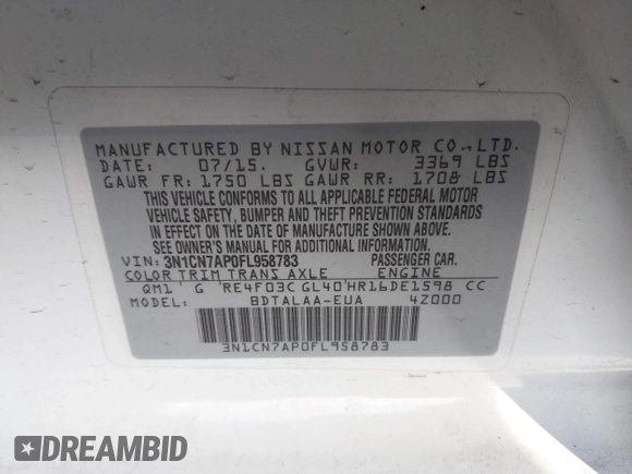 2015 Nissan Versa S Plus with VIN 3N1CN7AP0FL958783, listed as a IAAI auction lot 41322779 with 143,603 mi miles and . Bid and sale history available at DreamBid. Image 9.