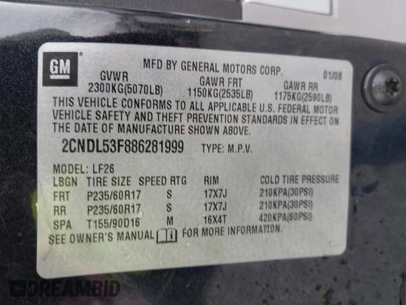 2008 Chevrolet Equinox LT with VIN 2CNDL53F886281999, listed as a IAAI auction lot 41904505 with 115,261 mi miles. Bid and sale history available at carsss.com. Image 9.