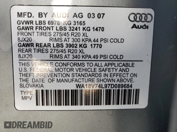 2007 Audi Q7 Premium with VIN WA1BV74L97D089684, listed as a Copart auction lot 46530464 with 133,732 mi miles and Salvage title. Bid and sale history available at DreamBid. Image 12.