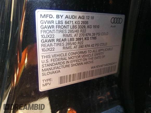 2019 Audi Q8 Premium Plus with VIN WA1EVAF14KD022411, listed as a Copart auction lot 82133294 with 42,839 mi miles and Salvage Title. Bid and sale history available at carsss.com. Image 13.