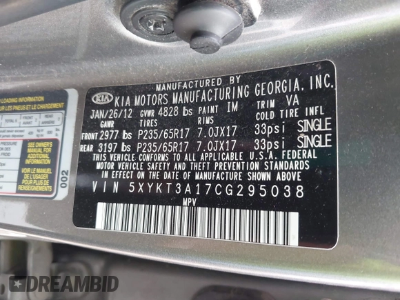 2012 Kia Sorento LX z VIN 5XYKT3A17CG295038, wystawiony jako IAAI lot #42294463 z przebiegiem 185 089 mil mil oraz . Historia ofert i sprzedaży dostępna na DreamBid. Obrazek 9.