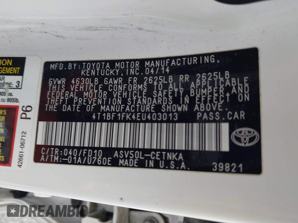 2014 Toyota Camry L with VIN 4T1BF1FK4EU403013, listed as a IAAI auction lot 42115089 with 221,686 mi miles and . Bid and sale history available at DreamBid. Image 9.