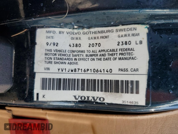 1992 Volvo 960 with VIN YV1KW9510N0005570, listed as a Copart auction lot 70897964 with 254,533 mi miles and Salvage title. Bid and sale history available at DreamBid. Image 12.