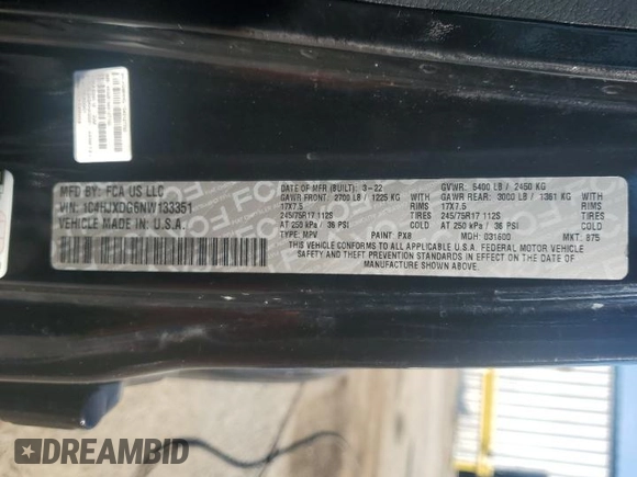 2022 Jeep Wrangler Unlimited Sport S with VIN 1C4HJXDG6NW133351, listed as a Copart auction lot 62159475 with 45,412 mi miles and Salvage title. Bid and sale history available at DreamBid. Image 12.