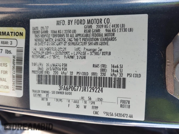 2018 Ford Fusion S with VIN 3FA6P0G77JR129224, listed as a IAAI auction lot 41483648 with 104,045 mi miles. Bid and sale history available at carsss.com. Image 9.