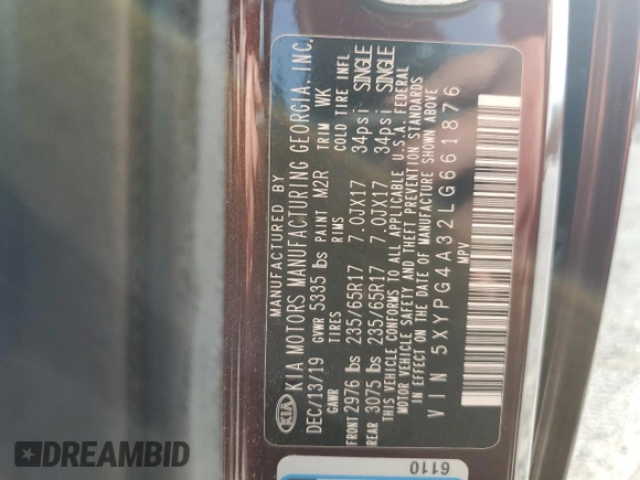 2020 Kia Sorento LX with VIN 5XYPG4A32LG661876, listed as a Copart auction lot 49798915 with 60,720 mi miles and Salvage Title. Bid and sale history available at DreamBid. Image 15.