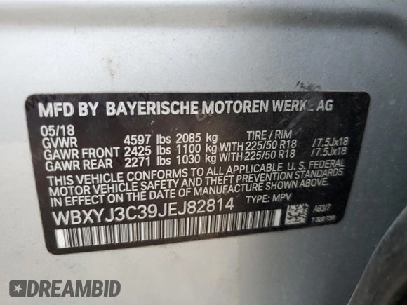 2018 BMW X2 sDrive28i with VIN WBXYJ3C39JEJ82814, listed as a Copart auction lot 59498615 with 74,550 mi miles and Salvage title. Bid and sale history available at DreamBid. Image 13.