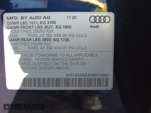 2021 Audi e-tron Premium with VIN WA1AAAGE4MB014383, listed as a IAAI auction lot 41298787 with 63,214 mi miles. Bid and sale history available at carsss.com. Image 9.