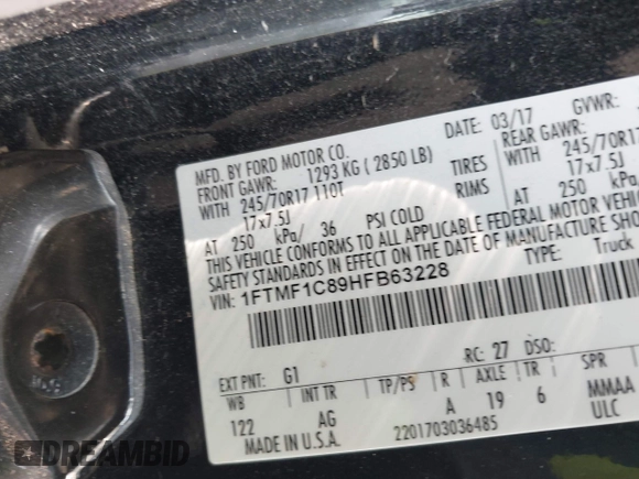 2017 Ford F-150 XL with VIN 1FTMF1C89HFB63228, listed as a IAAI auction lot 42437560 with 178,301 mi miles and . Bid and sale history available at DreamBid. Image 9.