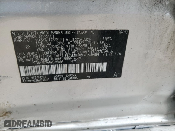 2010 Toyota RAV4 with VIN 2T3BF4DV4AW075897, listed as a Copart auction lot 51111145 with 179,844 mi miles and Salvage Title. Bid and sale history available at carsss.com. Image 14.