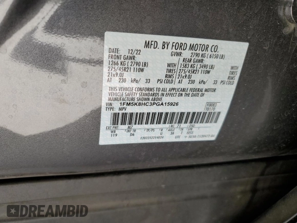 2023 Ford Explorer Platinum with VIN 1FM5K8HC3PGA15926, listed as a Copart auction lot 56700035 with 17,516 mi miles and Salvage title. Bid and sale history available at DreamBid. Image 13.