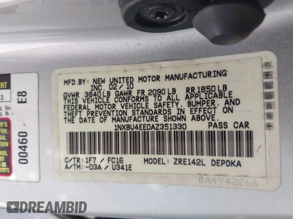 2010 Toyota Corolla with VIN 1NXBU4EE0AZ351330, listed as a IAAI auction lot 42622350 with 129,361 mi miles and . Bid and sale history available at DreamBid. Image 9.