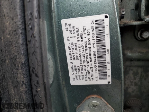 2008 Honda Accord EX-L с VIN 1HGCP36838A085804, выставлен на аукционе Copart как лот 59553455 с пробегом 121 846 миль миль и Списание • Salvage title. История ставок и продаж доступна на DreamBid. Изображение 13.