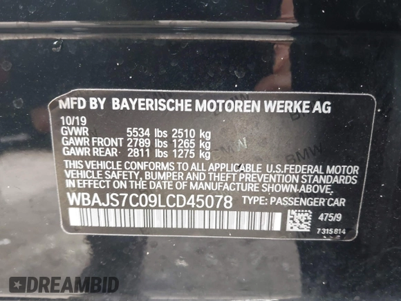 2020 BMW 5 Series M550i xDrive z VIN WBAJS7C09LCD45078, wystawiony jako IAAI lot #41850274 z przebiegiem 75 613 mil mil oraz . Historia ofert i sprzedaży dostępna na DreamBid. Obrazek 9.