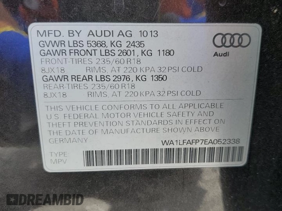 2014 Audi Q5 Premium Plus with VIN WA1LFAFP7EA052338, listed as a Copart auction lot 61602755 with 159,683 mi miles and Clean title. Bid and sale history available at DreamBid. Image 14.