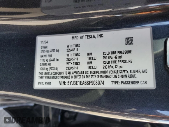2025 Tesla Model 3 Long Range with VIN 5YJ3E1EA6SF908074, listed as a Copart auction lot 54786175 with 3,998 mi miles and Salvage title. Bid and sale history available at DreamBid. Image 13.