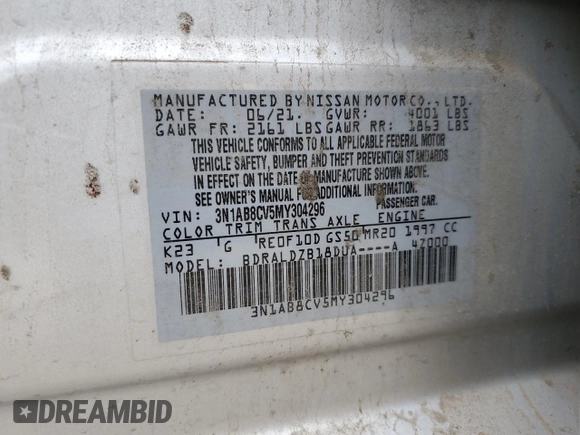 2021 Nissan Sentra SV with VIN 3N1AB8CV5MY304296, listed as a Copart auction lot 60737355 with 85,148 mi miles and Clean title. Bid and sale history available at DreamBid. Image 12.