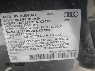 2022 Audi Q5 S line Premium with VIN WA1GAAFYXN2102653, listed as a IAAI auction lot 41967220 with 20,864 mi miles and . Bid and sale history available at DreamBid. Image 9.