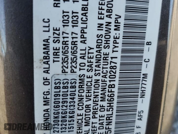 2015 Honda Odyssey EX-L with VIN 5FNRL5H66FB102871, listed as a Copart auction lot 49320715 with 169,650 mi miles and Salvage Title. Bid and sale history available at DreamBid. Image 13.
