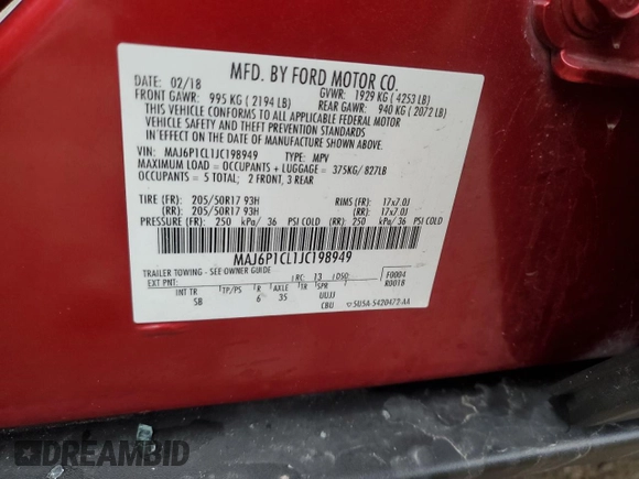 2018 Ford EcoSport SES with VIN MAJ6P1CL1JC198949, listed as a Copart auction lot 42748455 with 91,266 mi miles and Salvage Title. Bid and sale history available at DreamBid. Image 13.
