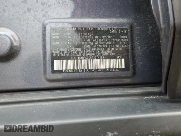 2014 Subaru Outback Premium with VIN 4S4BRCCC8E3274389, listed as a Copart auction lot 53893135 with 197,625 mi miles and Non Repairable. Bid and sale history available at DreamBid. Image 12.
