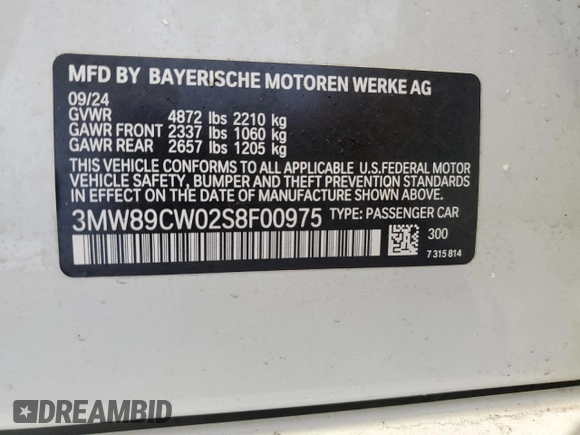 2025 BMW 3 Series 330i xDrive with VIN 3MW89CW02S8F00975, listed as a Copart auction lot 89027935 with 3,667 mi miles and Salvage Title. Bid and sale history available at carsss.com. Image 12.