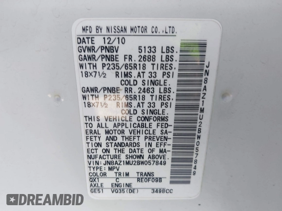 2011 Nissan Murano LE z VIN JN8AZ1MU2BW057849, wystawiony jako IAAI lot #41215629 z przebiegiem 195 651 mil mil oraz . Historia ofert i sprzedaży dostępna na DreamBid. Obrazek 9.