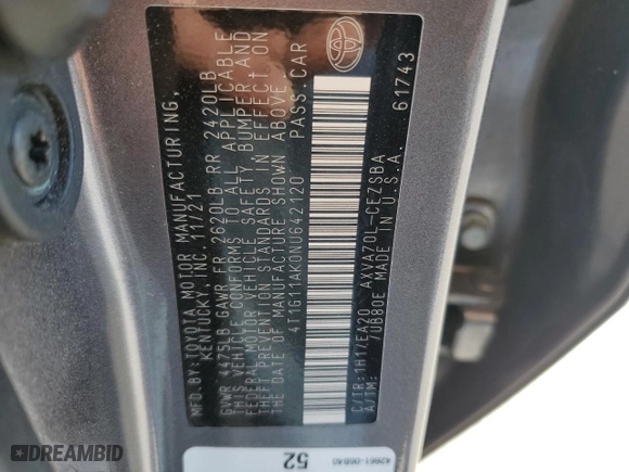 2022 Toyota Camry SE with VIN 4T1G11AK0NU642120, listed as a Copart auction lot 46678335 with 78,786 mi miles and Salvage Title. Bid and sale history available at carsss.com. Image 14.