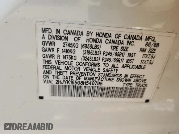 2008 Honda Ridgeline RTL with VIN 2HJYK16508H540795, listed as a Copart auction lot 65243545 with 168,807 mi miles and Salvage title. Bid and sale history available at DreamBid. Image 12.