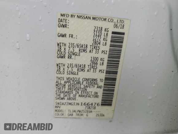 2018 Nissan Murano SV with VIN 5N1AZ2MG3JN166476, listed as a Copart auction lot 51136105 with 82,054 mi miles and Salvage Title. Bid and sale history available at carsss.com. Image 14.
