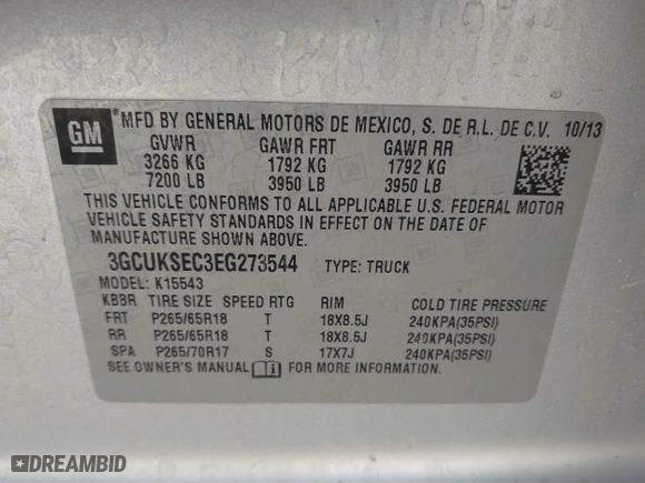 2014 Chevrolet Silverado 1500 LTZ with VIN 3GCUKSEC3EG273544, listed as a IAAI auction lot 41780391 with 125,135 mi miles. Bid and sale history available at carsss.com. Image 9.