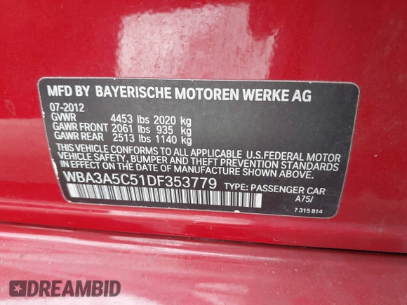 2013 BMW 3 Series 328i with VIN WBA3A5C51DF353779, listed as a IAAI auction lot 42036730 with 133,674 mi miles. Bid and sale history available at carsss.com. Image 9.