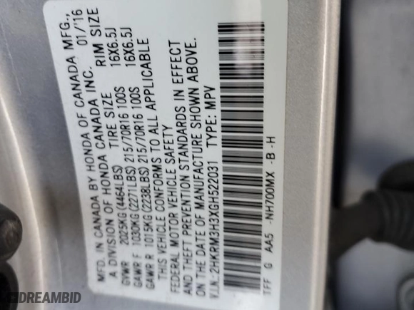 2016 Honda CR-V LX with VIN 2HKRM3H3XGH522031, listed as a Copart auction lot 48122195 with NaN miles and Salvage Title. Bid and sale history available at carsss.com. Image 14.