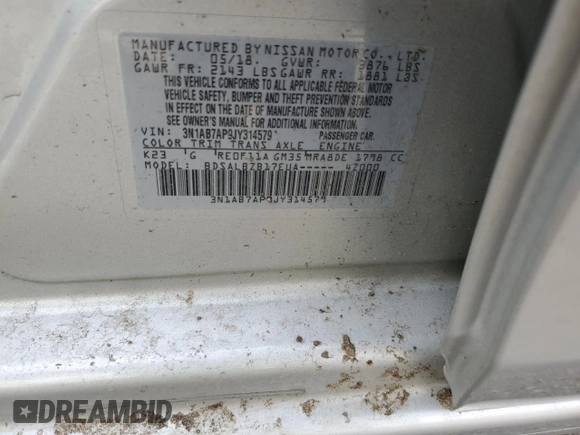 2018 Nissan Sentra S with VIN 3N1AB7AP9JY314579, listed as a Copart auction lot 47066665 with 114,484 mi miles and Salvage Title. Bid and sale history available at DreamBid. Image 12.